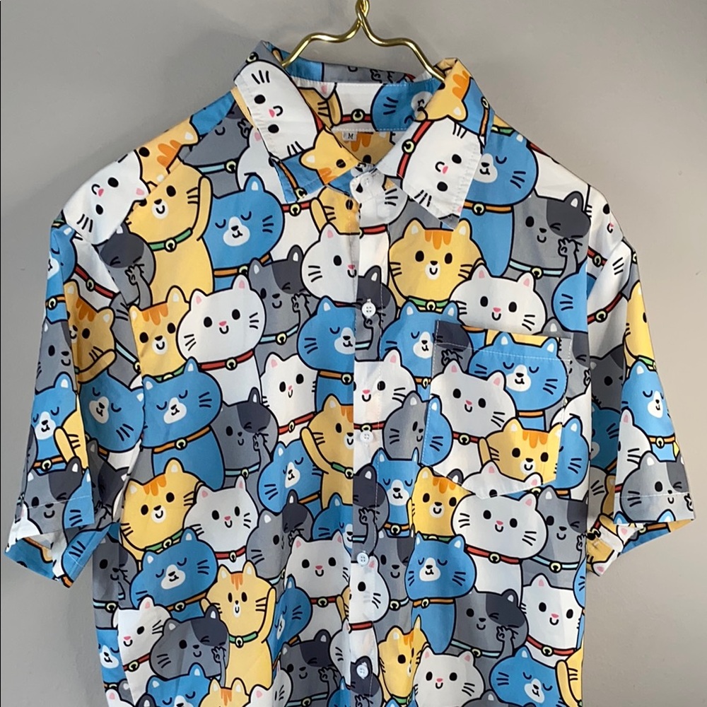 Blue and Yellow Casual Button Down Shirt with Playful Print - Picture 3 of 9
